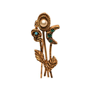 Vintage Crescent Moon Flower Rhinestone Hat Pin Gold Tone 2.75 in Stick Pin
